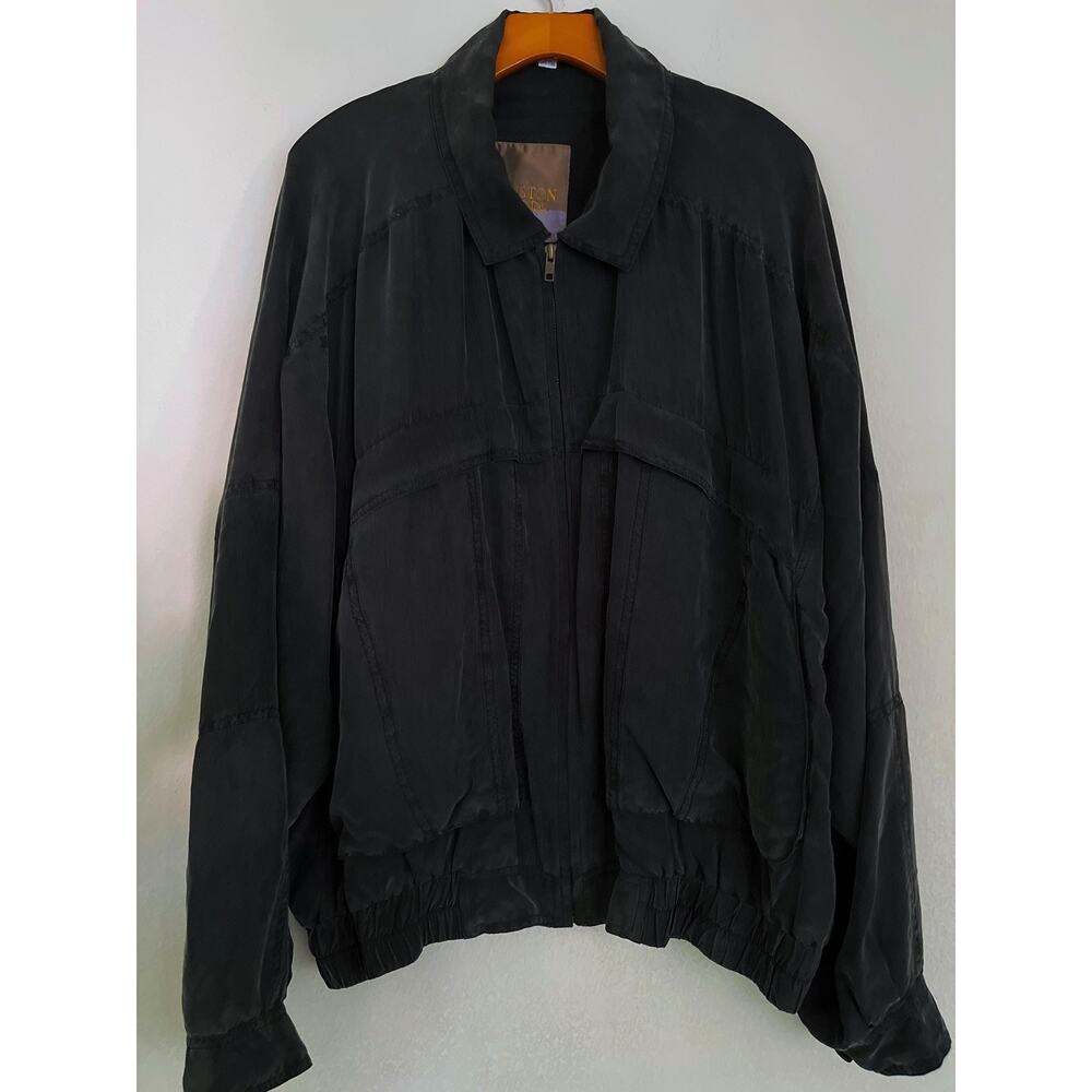 Winston Woods VTG Jacket Mens XL Gray Black Silk Bomber Elastic Waist Hong Kong